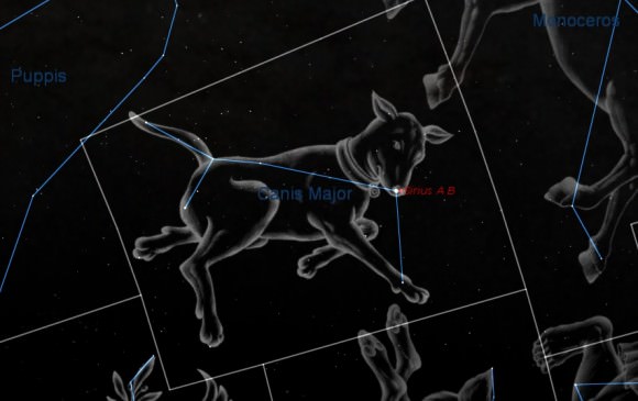 Sirius as the shining "nose" of the constellation Canis Major. (Created by the author using Starry Night). 