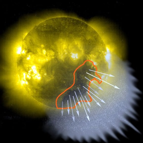 Coronal holes are regions in the sun's atmosphere or corona where solar plasma can stream directly into space. Often a hole will a couple rotations, inciting repeat auroras approximately every 4 weeks. Credit: NASA