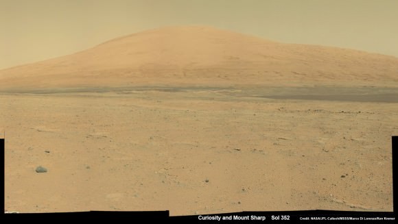 Curiosity Spies Mount Sharp - her primary destination. Curiosity will ascend mysterious Mount Sharp and investigate the sedimentary layers searching for clues to the history and habitability o the Red Planet of billions of years.  This mosaic was assembled from Mastcam camera images taken on Sol 352 (Aug 2, 2013. Credit: NASA/JPL-Caltech/MSSS/ Marco Di Lorenzo/Ken Kremer
