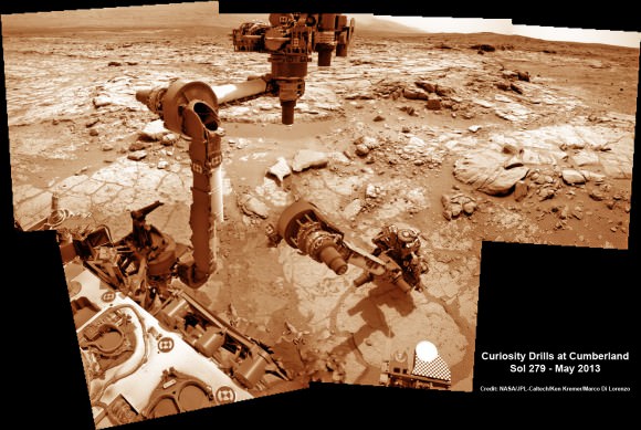 This time lapse mosaic shows Curiosity maneuvering her robotic arm to drill into her 2nd   martian rock target named “Cumberland” to collect powdery Martian material on May 19, 2013 (Sol 279) for analysis by her onboard chemistry labs; SAM & Chemin. The photomosaic was stitched from raw images captured by the navcam cameras on May 14 & May 19 (Sols 274 & 279).  Credit: NASA/JPL-Caltech/Ken Kremer/Marco Di Lorenzo   