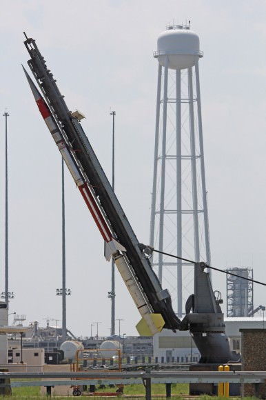 Terrier-Improved Malemute sounding rocket erected for launch of student experiments  on RockSat-X payload on Aug. 13 at 6 a.m. from NASA Wallops Flight Facility, VA.  Credit: Ken Kremer/kenkremer.com