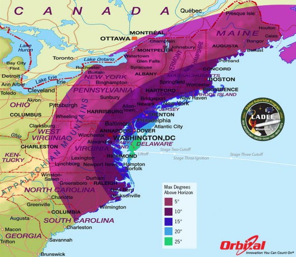 LADEE Minotaur V Launch - Maximum Elevation Map This map shows the maximum elevation (degrees above the horizon) that the Minotaur V rocket will reach during the Sep. 6, 2013 launch depending on your location along the US east coast. Credit: Orbital Sciences 