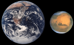 Are Earthlings really Martians ? Did life arise on Mars first and then journey on meteors to our planet and populate Earth billions of years ago?  Earth and Mars are compared in size as they look today. 