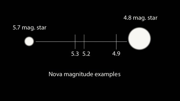 Estimating a star's magnitude by creating a sliding scale in your mind's eye between a stars that bracket the nova in brightness. Illustration: Bob King