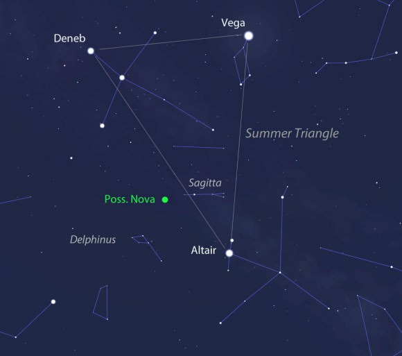 The new nova is located in Delphinus alongside the familiar Summer Triangle outlined by Deneb, Vega and Altair. This map shows the sky looking high in the south for mid-northern latitudes around 10 p.m. local time in mid-August. The new object is ideally placed for viewing. Stellarium