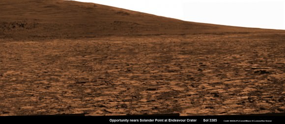 Opportunity snap up close view of the base of Solander Point and mountain slopes she will ascend soon. This hi res pancam camera mosaic was assembled from raw images taken on Sol 3385 (Aug 2, 2013).  Credit: NASA/JPL/Cornell/ASU/Marco Di Lorenzo/Ken Kremer (kenkremer.com)