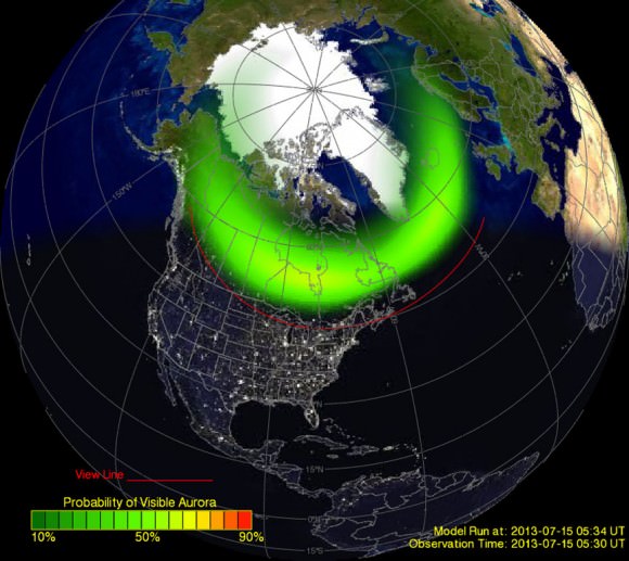 Depiction of the northern auroral oval from the Ovation site on July 15, 2013. Southern Canada and the northern fringe of the U.S. were under the oval. The red "view line" shows how far south the aurora was visible that night. Credit: NOAA