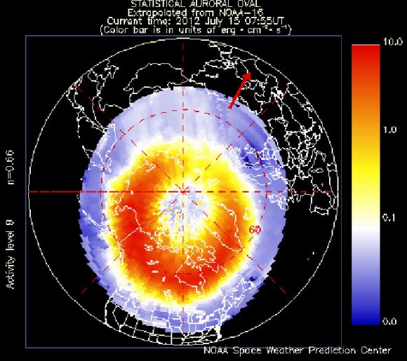 The POES auroral oval map on July 15, 2012 showing how the oval expanded well into the northern U.S. to create a spectacular auroral display. The CME in the July 6 animation above was responsible for the activity. Credit: NOAA