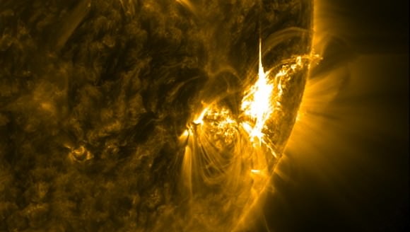 A powerful X-class solar flare erupting on the sun on July 6, 2012 photographed by the Solar Dynamics Observers. Credit: NASA