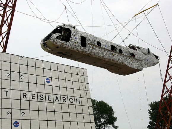 The CH-46E helicopter fuselage ready for its crash test. Credit: NASA/Langely Research Center. 