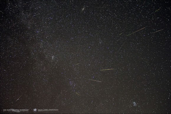 2013 Perseids Radiant Point: A composite shot of Perseid meteors emanating from the meteor shower radiant point. This composite features 9 total Perseid meteors. Credit and copyright: Scott MacNeill. 