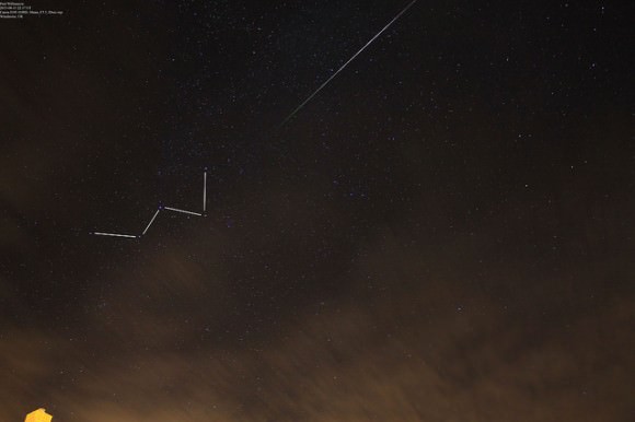A Perseid meteor and the constellation Cassiopeia seen over Winchester, UK. Credit and copyright: Paul Williamson.  