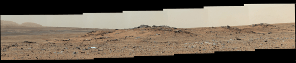 This scene combines seven images from the telephoto-lens camera on the right side of the Mast Camera (Mastcam) instrument on NASA's Mars rover Curiosity   on Sol 343 of the rover's work on Mars (July 24, 2013).  Credit: NASA/JPL-Caltech/Malin Space Science Systems 