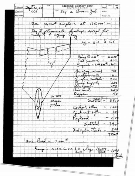 A handwritten document about the U-2 spyplane design that was included in the information released by the CIA about test flights and Area 51. 