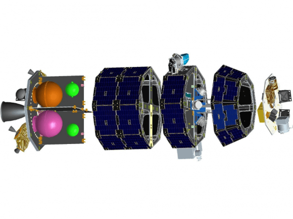 A computer-generated model of the LADEE spacecraft based on the modular common spacecraft bus. Credit: NASA/Ames