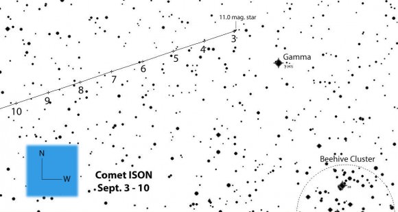 Comet ISON's position plotted for 5 a.m. Central Daylight Time tomorrow through the 10th. Stars are shown to 12th magnitude.  Click for larger version. Created with Chris Marriott's SkyMap Pro program