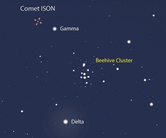 This tighter view shows the comet in relation to the naked eye star Gamma Cancri and the lovely Beehive Cluster in Cancer the Crab. Stellarium