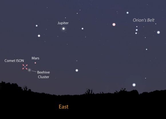 This map shows the sky as you face east tomorrow morning  Sept. 3 around 5 a.m. local time just before the start of morning twilight. The comet is not far from Mars and the Beehive Cluster. Stellarium