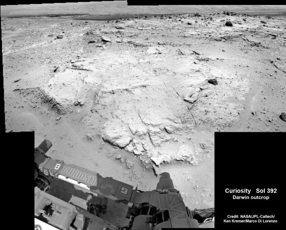 Curiosity investigates the ‘Darwin’ rock outcrop up close after arriving for a short stay at ‘Waypoint 1’ on Sept 12 (Sol 392). This photo mosaic was assembled from navcam images taken on Sept 12, 2013.   Credit: NASA/JPL-Caltech/Ken Kremer/Marco Di Lorenzo