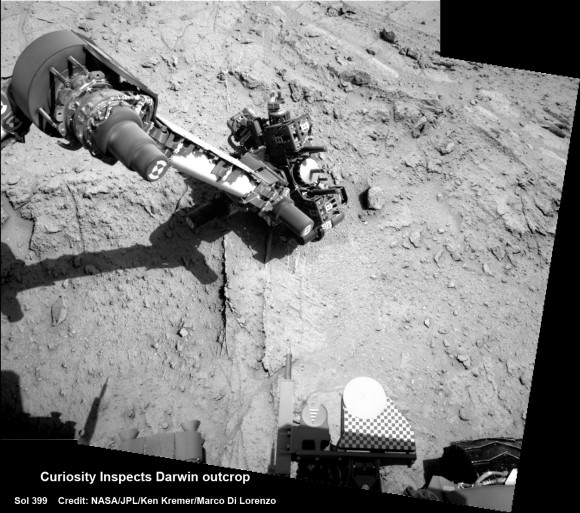 Curiosity deploys robot arm to investigate the ‘Darwin’ rock outcrop up close at ‘Waypoint 1’ on Sept 20 (Sol 399). This photo mosaic was assembled from navcam images taken on Sept 20, 2013.   Credit: NASA/JPL-Caltech/Ken Kremer/Marco Di Lorenzo