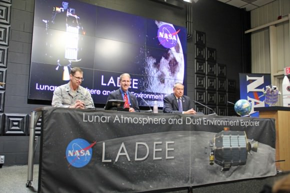 LADEE post launch news briefing at NASA Wallops, VA with  Air Force Col. Urban Gillespie, Minotaur mission director from the Space Development and Test Directorate, John Grunsfeld, Astronaut and    NASA Associate Administrator for Science, Pete Worden, Director of NASA’s Ames Research Center.   Credit: Ken Kremer/kenkremer.com