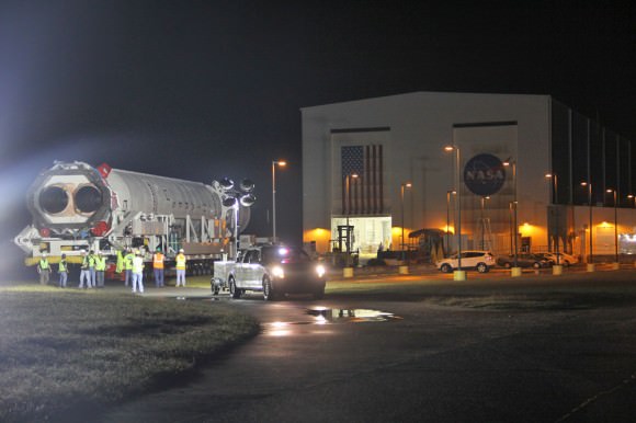 Antares rocket begins rollout atop transporter erector to Launch Pad 0A at NASA Wallops Island Facility, VA., on Sept. 13, 2013.  Credit: Ken Kremer (kenkremer.com)