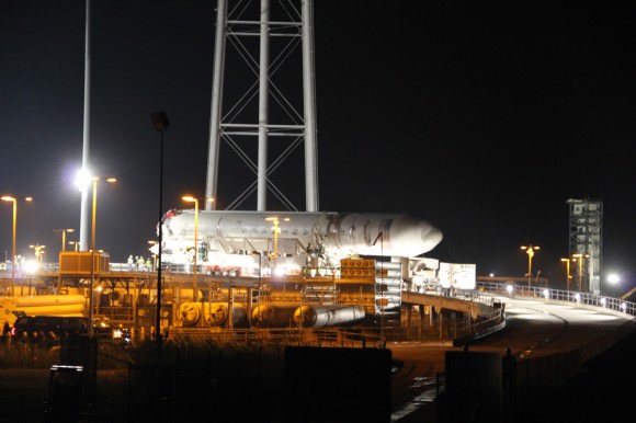 Antares rocket rolls up on on ramp at NASA Wallops launch pad 0A bound for the ISS on Sept 18, 2013. Credit: Ken Kremer (kenkremer.com)