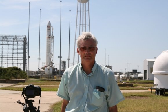 Ken Kremer (Universe Today)and Antares rocket at NASAWallops Launch Complex 0A. Credit: Ken Kremer
