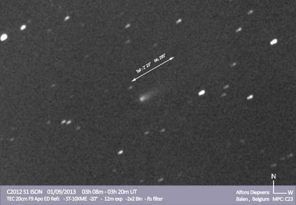 Belgian astrophotographer Alfons Diepvens captured this view of ISON on Sept. 1, 2013 through his telescope. Tail length and direction are indicated. Click image to see more photos of ISON and other recent comets. Credit: Alfons Diepvens