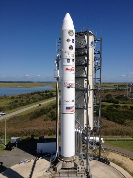 Minotaur V rocket with NASA’s LADEE lunar orbiter unveiled at NASA Wallops launch pad.  Credit: NASA EDGE/Franklin Fitzgerald
