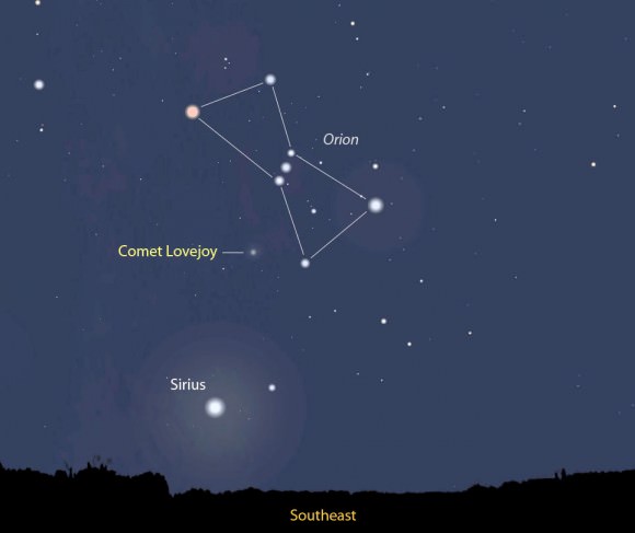 The comet is a faint 14th magnitude object just east of Orion's Belt in the dim constellation Monoceros the Unicorn. The map shows its position tomorrow morning Sept. 11 just before the  start of morning twilight. Stellarium
