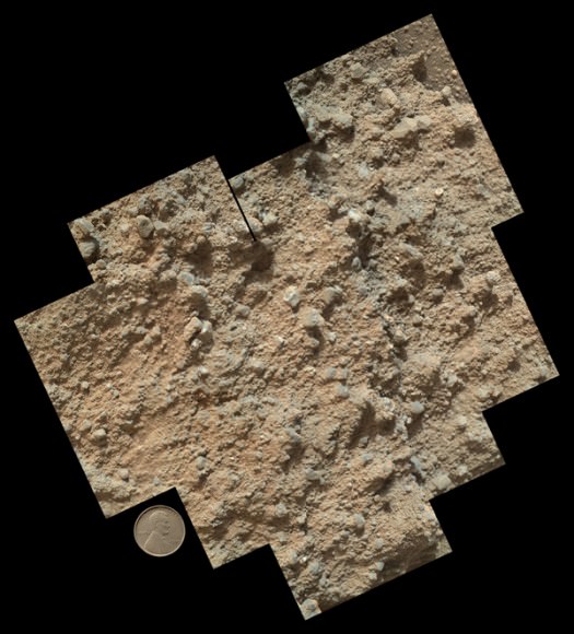 This mosaic of nine images, taken by the Mars Hand Lens Imager (MAHLI) camera on NASA's Mars rover Curiosity, shows detailed texture in a conglomerate rock bearing small pebbles and sand-size particles. Credit: NASA/JPL-Caltech/MSSS