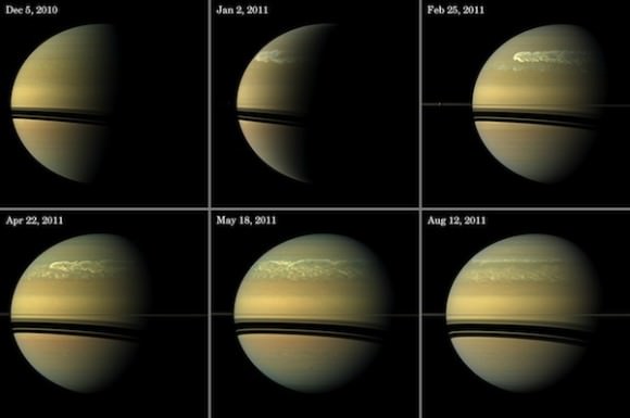 This series of images from NASA’s Cassini spacecraft shows the development of the largest storm seen on the planet since 1990. These true-color and composite near-true-color views chronicle the storm from its start in late 2010 through mid-2011, showing how the distinct head of the storm quickly grew large but eventually became engulfed by the storm’s tail. Credit: NASA/JPL-Caltech/Space Science Institute