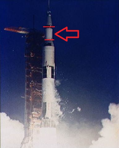 The launch of Apollo 12, with the 2nd stage arrowed. (Credit: NASA). 