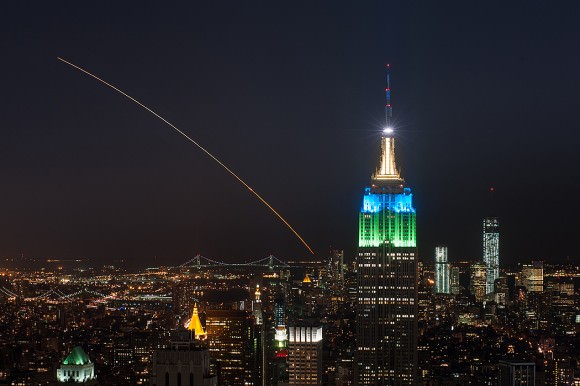 This magnificent view of NASA’s LADEE lunar orbiter launched on Friday night Sept 6, on the maiden flight of the Minotaur V rocket from Virginia was captured by space photographer Ben Cooper perched atop Rockefeller Center in New York City. Credit: Ben Cooper/Launchphotography.com