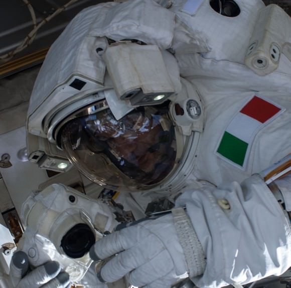 Luca Parmitano during a a spacewalk on July 16, 2013. An hour into the spacewalk, he reported water in his helmet and NASA cut the spacewalk short. Credit: NASA
