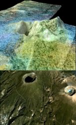 Top: Sotra Patera, a cryovolcanic candidate on Titan that has a one-kilometer crater. (Credit: NASA/JPL Caltech/USGS/University of Arizona). Bottom: The Kirishima volcano in Japan, a terrestrial analogue (Credit: USGS).