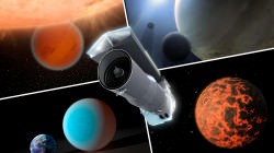 Artist's concept of NASA's Spitzer Space Telescope surrounded by examples of exoplanets it has looked at. Credit: NASA/JPL-Caltech