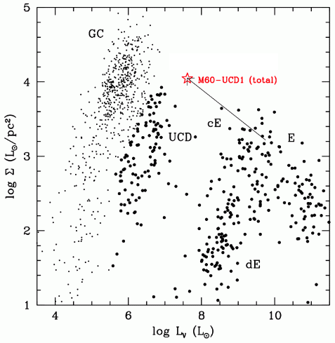 This graph shows where M60-UCD1 fits in as far as luminosity and size. Credit: Strader et al. 