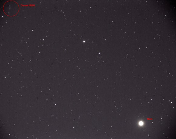 This image of Mars (lower right) and Comet ISON (upper left) was taken about 5:00 AM EDT in Westminster Maryland using a Nikon D5000 and a Stellarvue 80ED telescope. It's composed of 44 30-second exposures at ISO1600, stacked using DeepSkyStacker. Credit and copyright: Ari Koutsouradis.