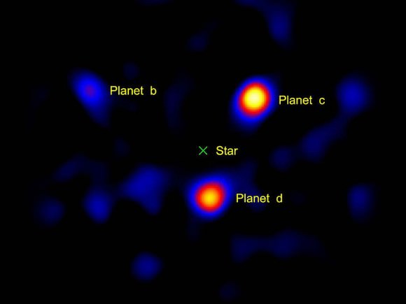 A portrait of the HR8799 planetary system as imaged by the Hale Telescope. Credit: NASA/JPL-Caltech/Palomar Observatory.