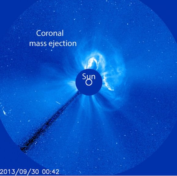 An erupting filament and sharp, southward turn in the interplanetary magnetic field (IMF) was responsible for last night's northern lights show. This image was taken with the Solar and Heliospheric Observatory sun-blocking coronagraph in progress on Sept. 30. Credit: NASA/ESA