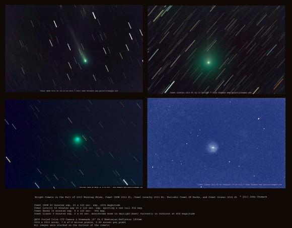 Four comets captured in one morning! Clockwise from top left: Comet ISON 2012 S1; Lovejoy C/2103 R1;, 2P ENCKE, Linear 2012 X1. Credit and copyright: John Chumack/Galactic Images.