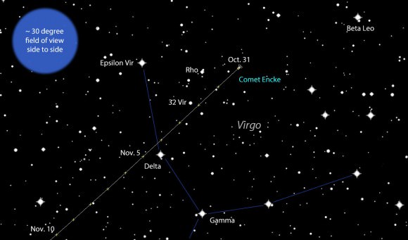 Comet Encke drops below Leo and into Virgo over the next two weeks. Your guide star Beta Leo is at upper right. Click to enlarge. 