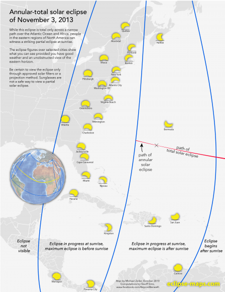 Eclipse prospects for the US East Coast. (Courtesy of Michael Zeiler @EclipseMaps)