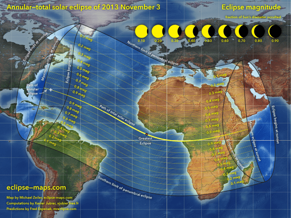 The global path of this weekends eclipse-click to enlarge. (Credit: Michael Zeiler, @EclipseMaps). 