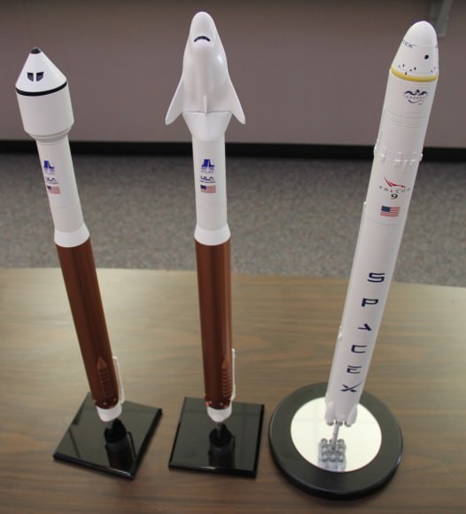 Scale models of NASA’s Commercial Crew program vehicles and launchers; Boeing CST-100, Sierra Nevada Dream Chaser, SpaceX Dragon. Credit: Ken Kremer/kenkremer.com 
