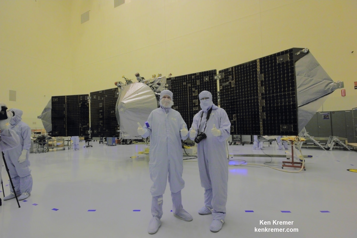 NASA’s MAVEN Mars orbiter, chief scientist Prof. Bruce Jakosky of CU-Boulder and Ken Kremer of Universe Today inside the clean room at the Kennedy Space Center on Sept. 27, 2013. MAVEN launched to Mars on Nov. 18, 2013 from Florida. Credit: Ken Kremer/kenkremer.com