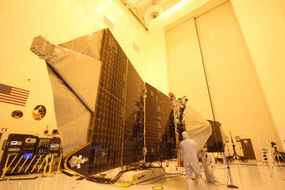 Magnetometer science instrument juts out from MAVEN solar panel during launch processing inside the clean room at the Kennedy Space Center.  Credit: Ken Kremer/kenkremer.com