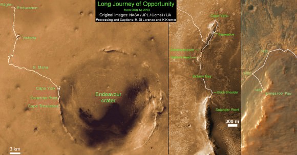 Traverse Map for NASA’s Opportunity rover from 2004 to 2013.  This map shows the entire path the rover has driven during nearly 10 years and over 3460 Sols, or Martian days, since landing inside Eagle Crater on Jan 24, 2004 to current location ascending her 1st Martian Mountain - Solander Point - at the western rim of Endeavour Crater.  Opportunity discovered clay minerals at Esperance - indicative of a habitable zone and seeks clay minerals now at Solander. Credit: NASA/JPL/Cornell/ASU/Marco Di Lorenzo/Ken Kremer